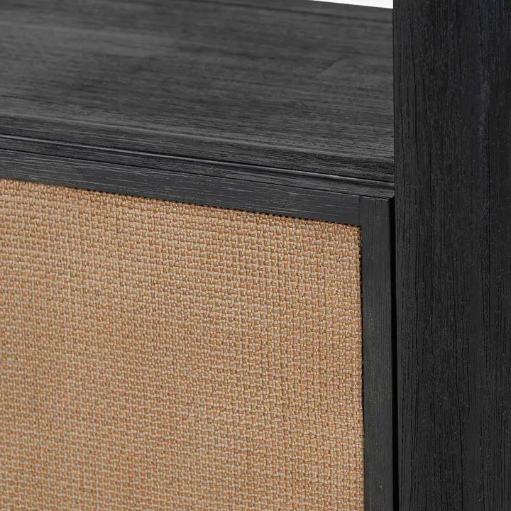 Fiji Black Acacia Wood and Natural Rattan 2 Door 6 Niche Shelf Unit   Nicholas John Interiors