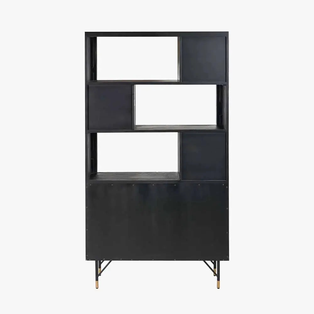 Fiji Black Acacia Wood and Natural Rattan 2 Door 6 Niche Shelf Unit   Nicholas John Interiors