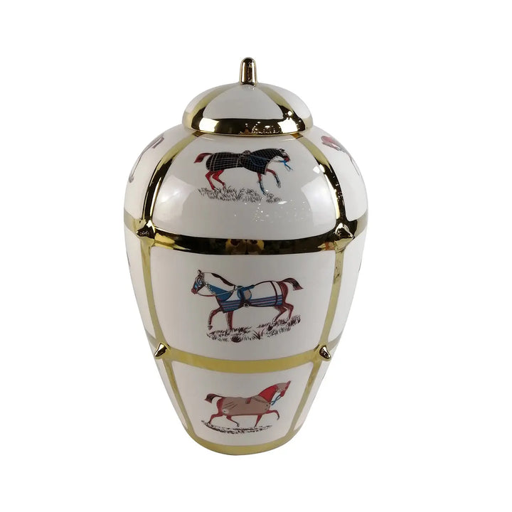34.8 White With Horse Design Ginger Jar Lina Home