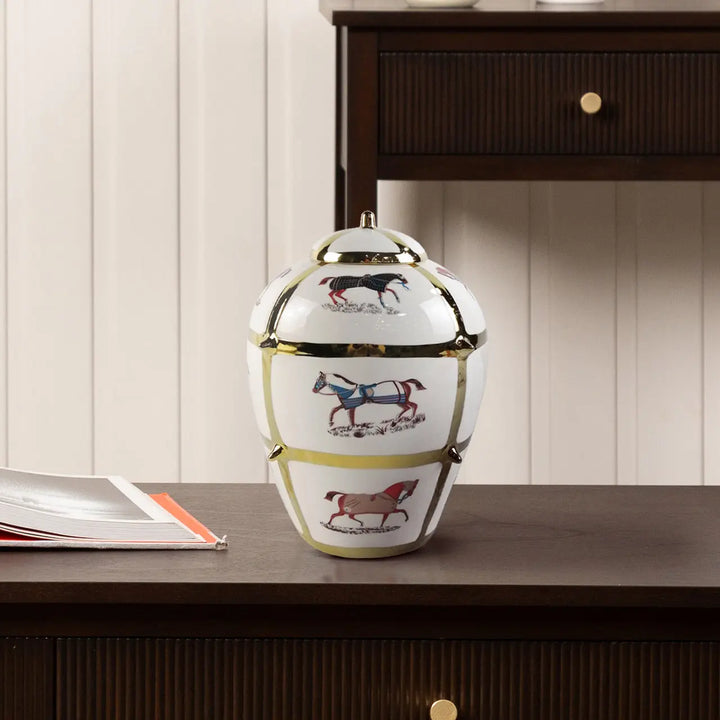 34.8 White With Horse Design Ginger Jar Lina Home