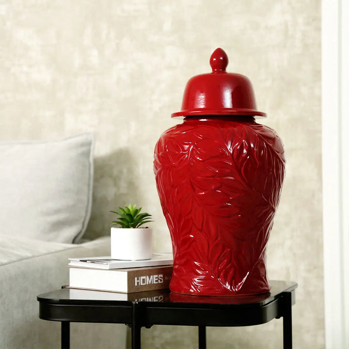 Red Carved Ceramic Ginger Jar – 46 cm Lina Home