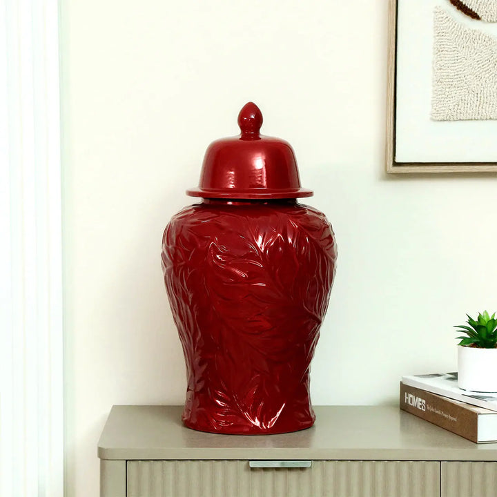 Red Carved Ceramic Ginger Jar – 46 cm Lina Home