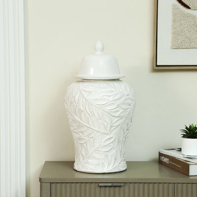 White 46cm Carved Ceramic Ginger Jar Lina Home