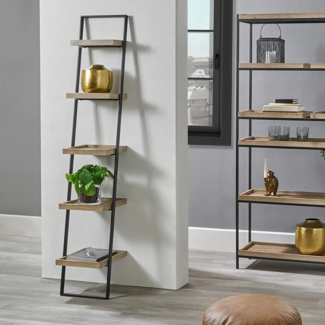 Gallery Natural Wood Veneer and Black Metal 5 Shelf Ladder Unit   Nicholas John Interiors