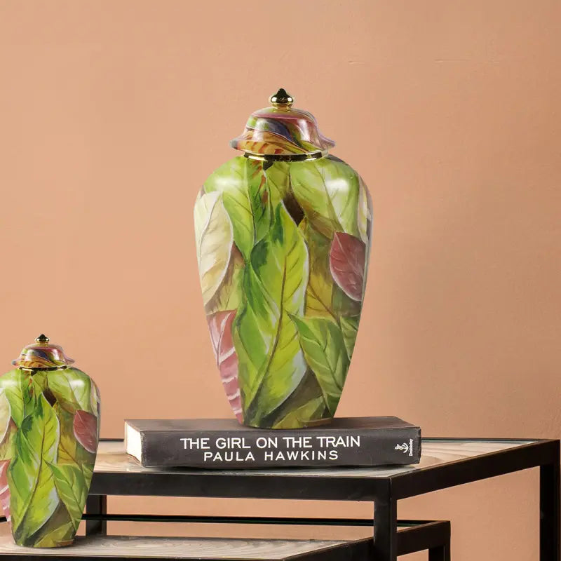 Green and Pink Leaves 40.5cm Ginger Jar Lina Home