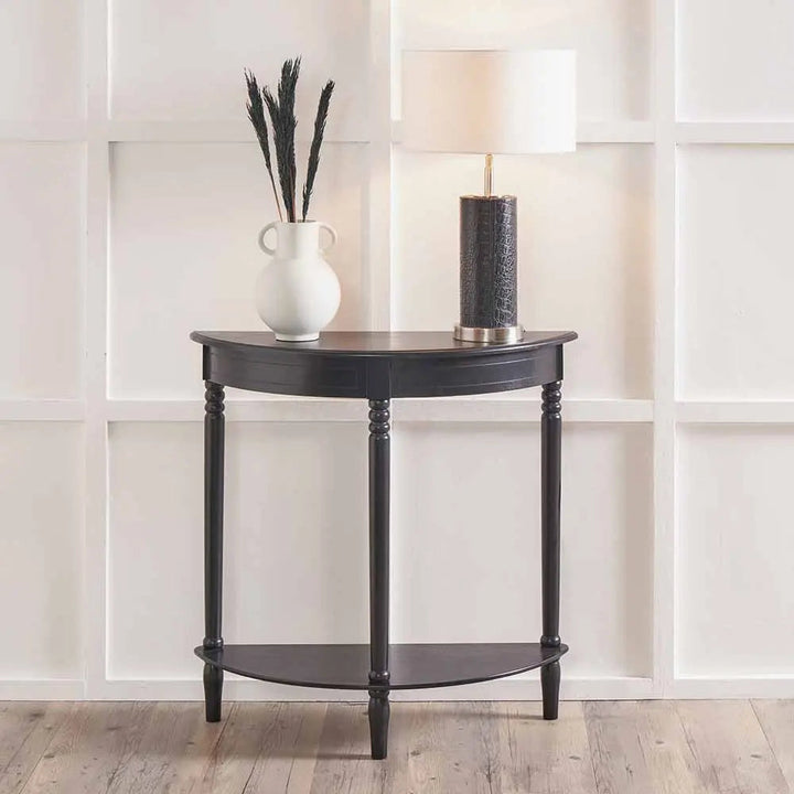 Heritage Black Pine Wood Half Moon Console Table   Nicholas John Interiors