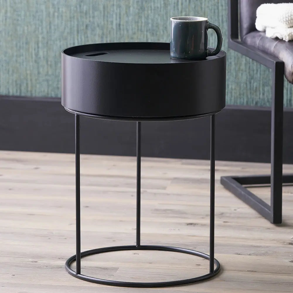 Hugo Black Wood Veneer and Black Metal Storage Table   Nicholas John Interiors