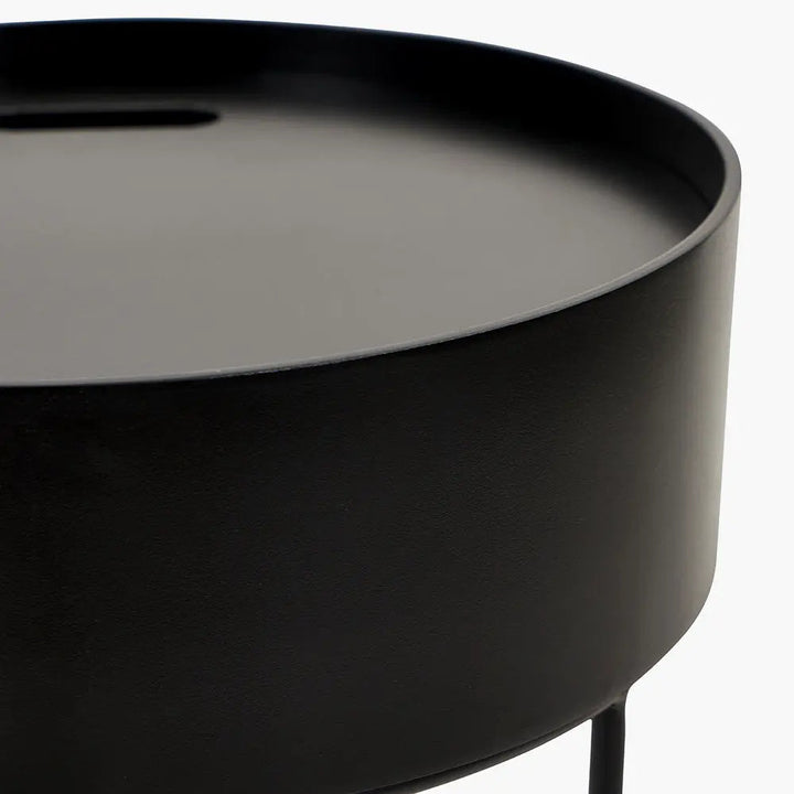 Hugo Black Wood Veneer and Black Metal Storage Table   Nicholas John Interiors