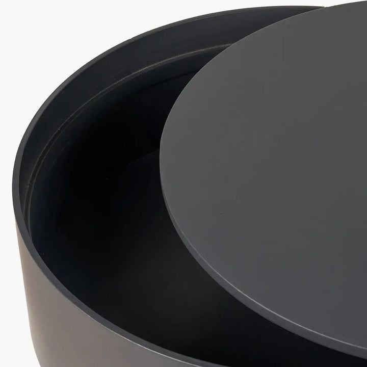 Hugo Dark Grey Wood Veneer and Black Metal Storage Table   Nicholas John Interiors