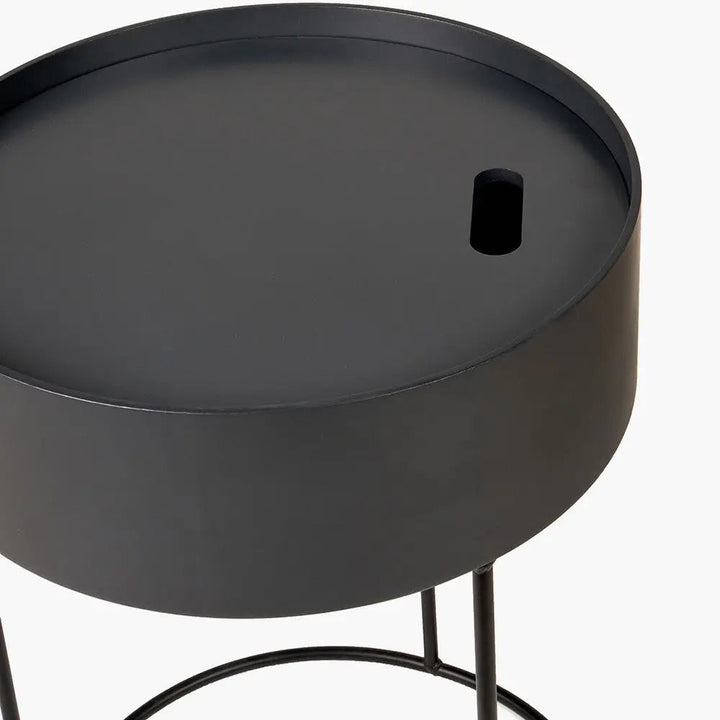 Hugo Dark Grey Wood Veneer and Black Metal Storage Table   Nicholas John Interiors