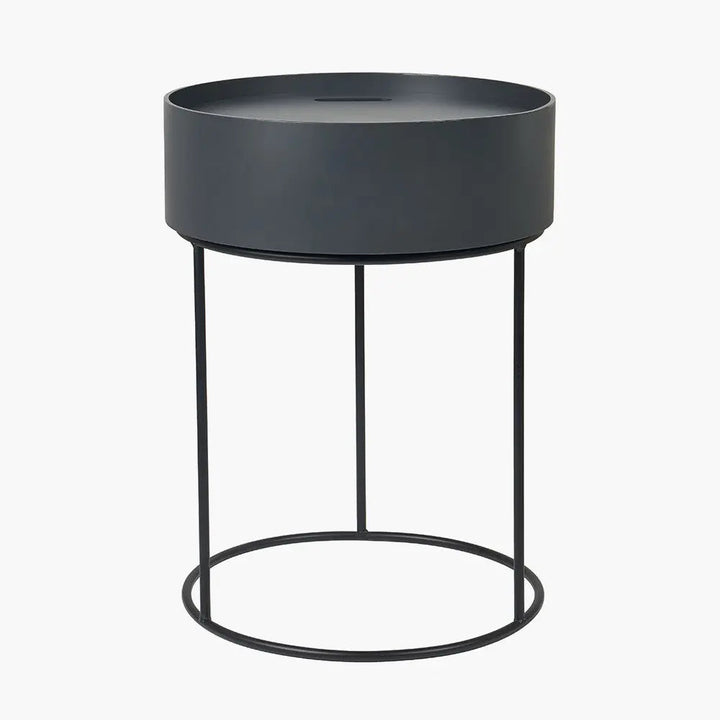 Hugo Dark Grey Wood Veneer and Black Metal Storage Table   Nicholas John Interiors