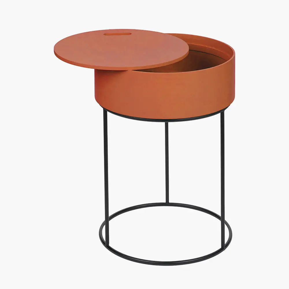 Hugo Tobacco Wood Veneer and Black Metal Storage Table   Nicholas John Interiors