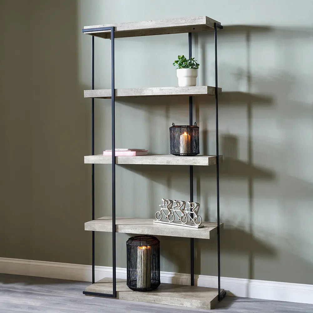 Jersey Concrete Effect Wood Veneer and Black Metal 4 Shelf Unit   Nicholas John Interiors