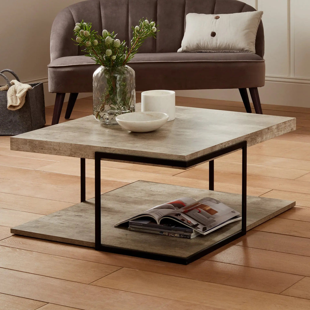 Jersey Concrete Effect Wood Veneer and Black Metal Coffee Table   Nicholas John Interiors