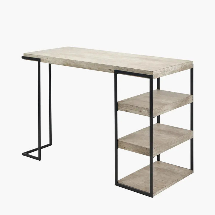 Jersey Concrete Effect Wood Veneer and Black Metal Desk   Nicholas John Interiors