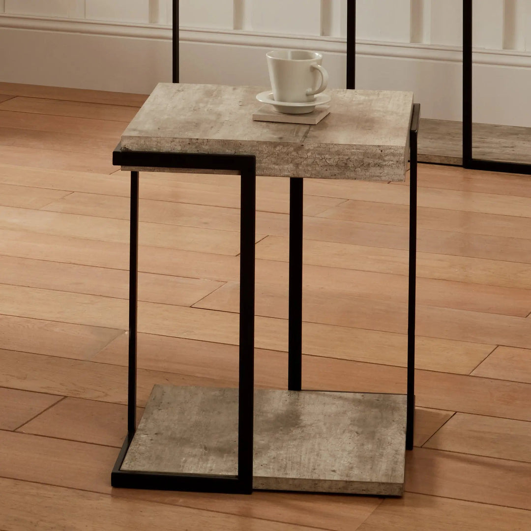 Jersey Concrete Effect Wood Veneer and Black Metal Side Table   Nicholas John Interiors