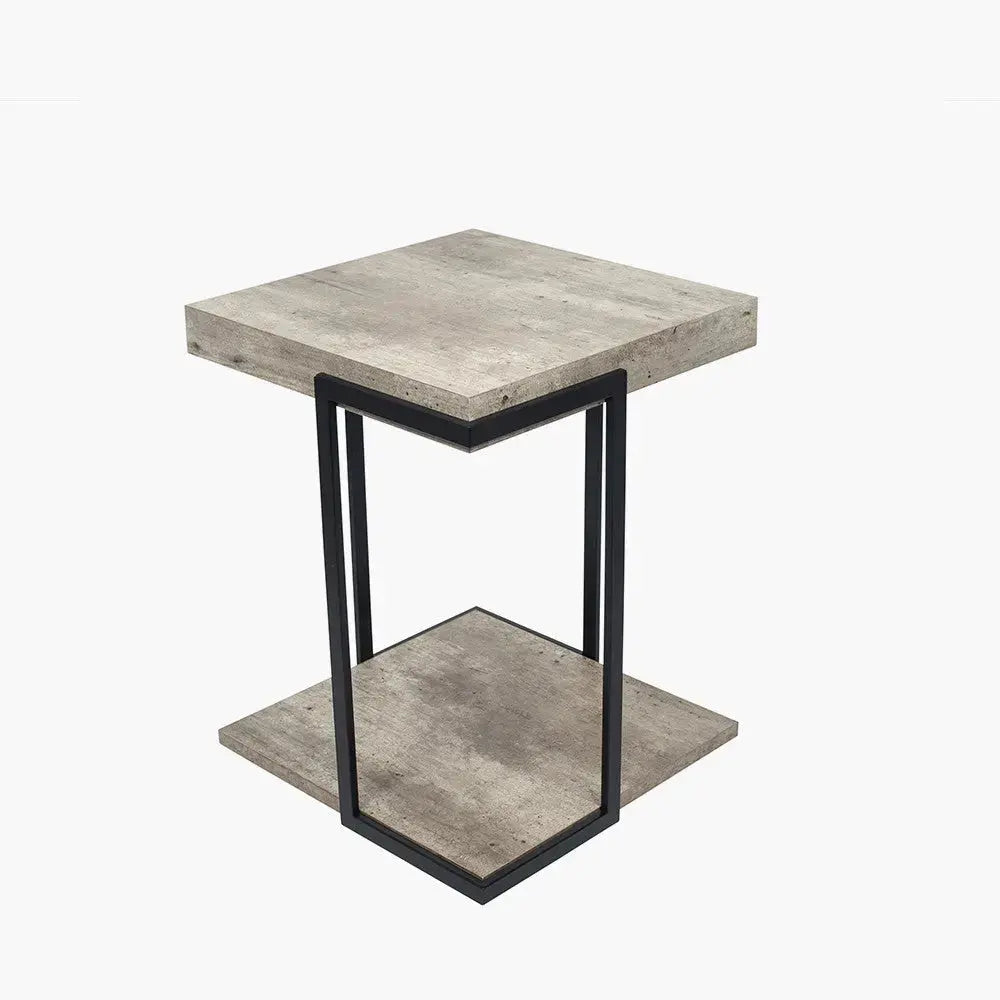 Jersey Concrete Effect Wood Veneer and Black Metal Side Table   Nicholas John Interiors