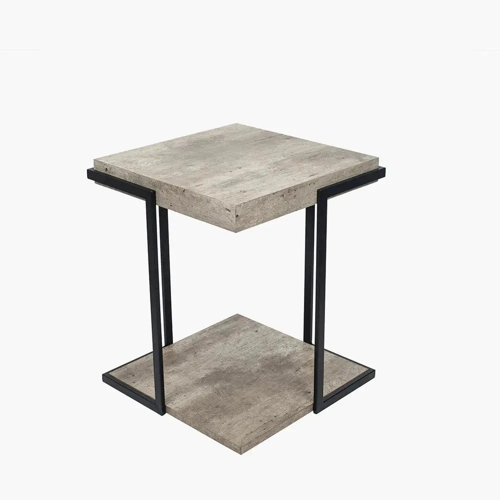 Jersey Concrete Effect Wood Veneer and Black Metal Side Table   Nicholas John Interiors