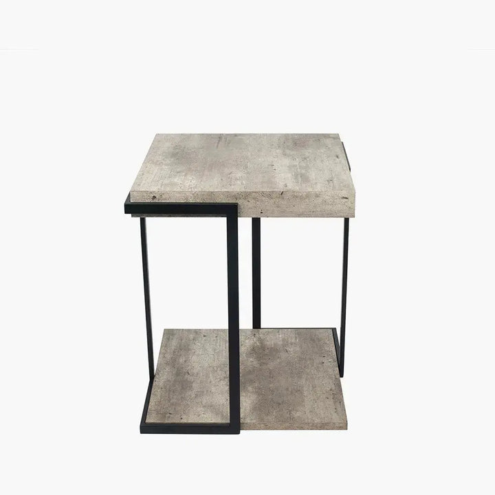 Jersey Concrete Effect Wood Veneer and Black Metal Side Table   Nicholas John Interiors