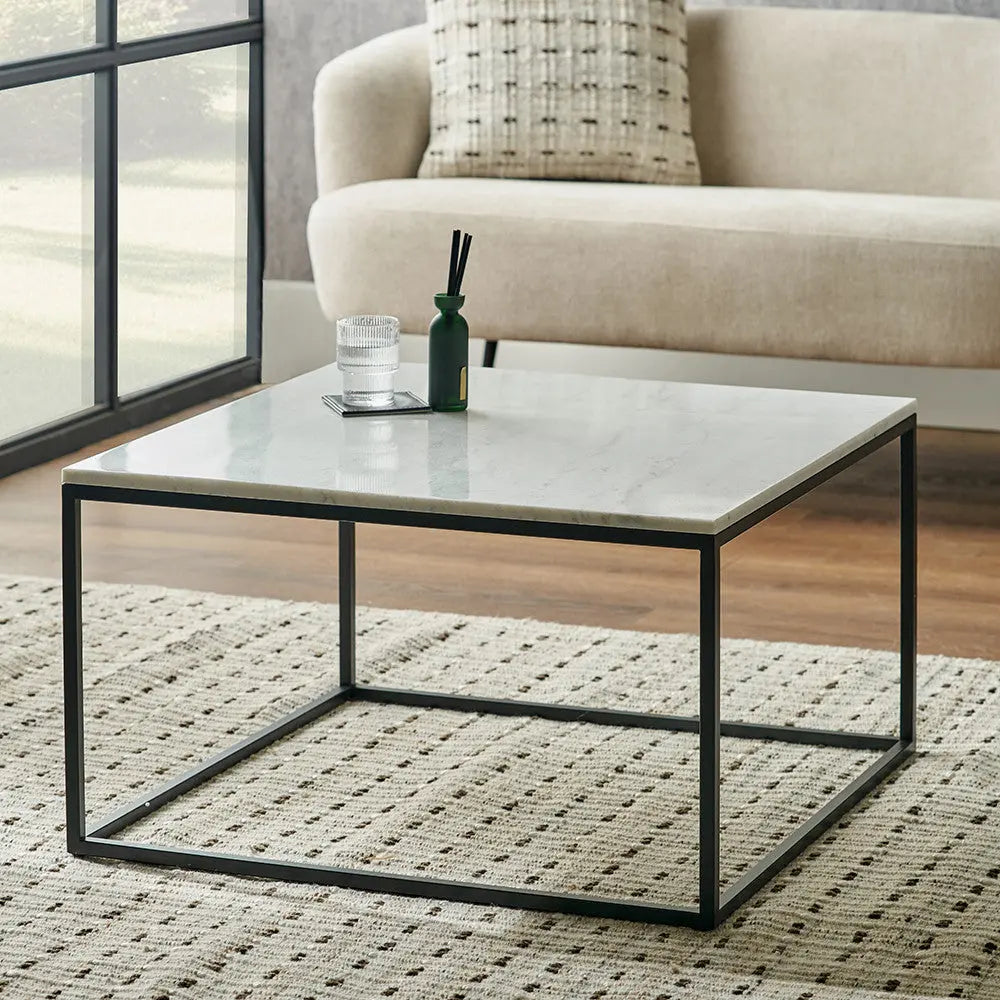Kalani White Marble and Black Metal Square Coffee Table   Nicholas John Interiors