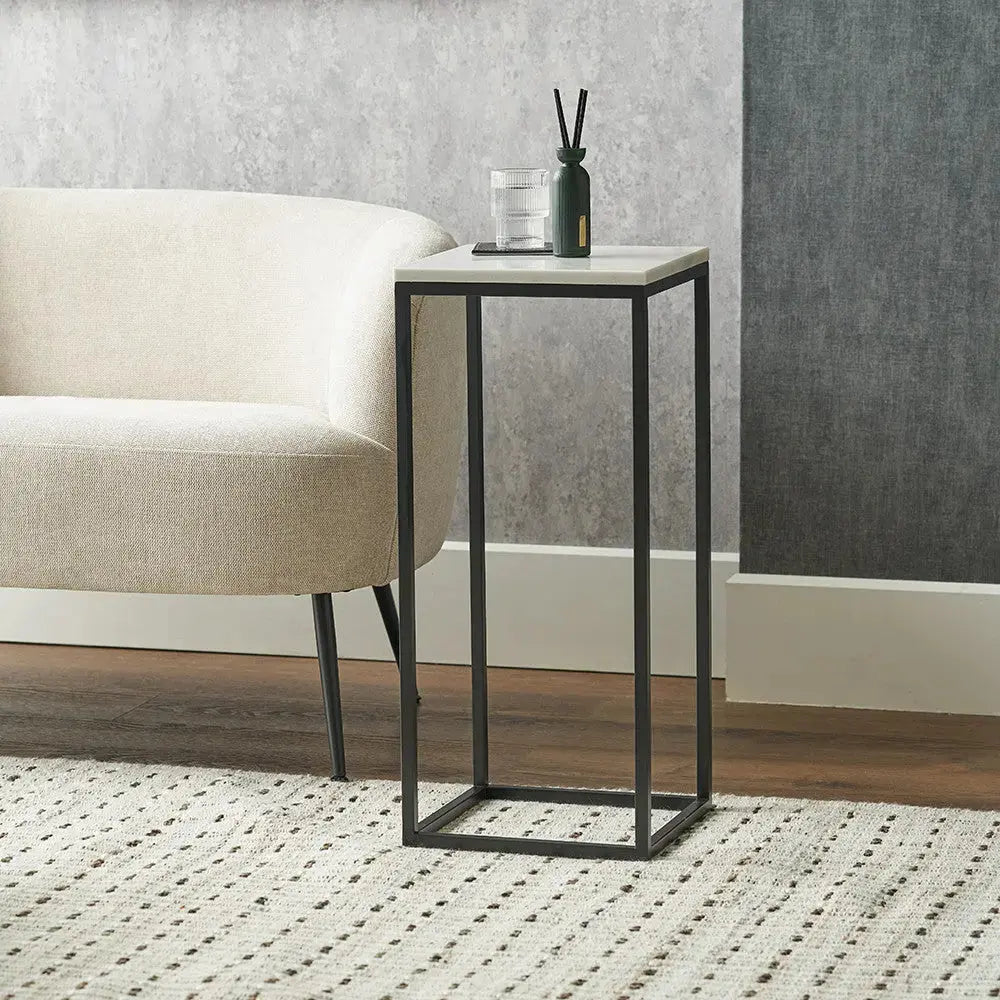 Kalani White Marble and Black Metal Tall Square Side Table   Nicholas John Interiors