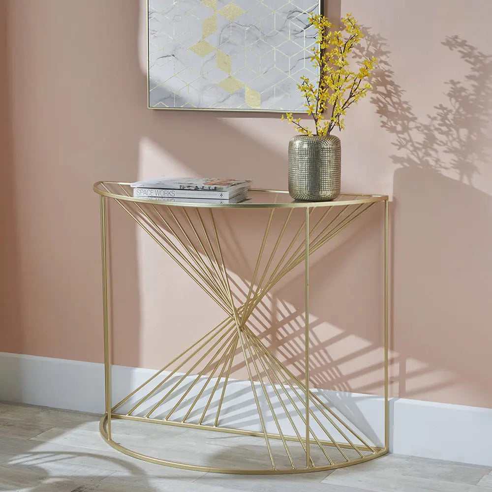 Liberty Glass and Gold Metal Half Moon Console Table   Nicholas John Interiors