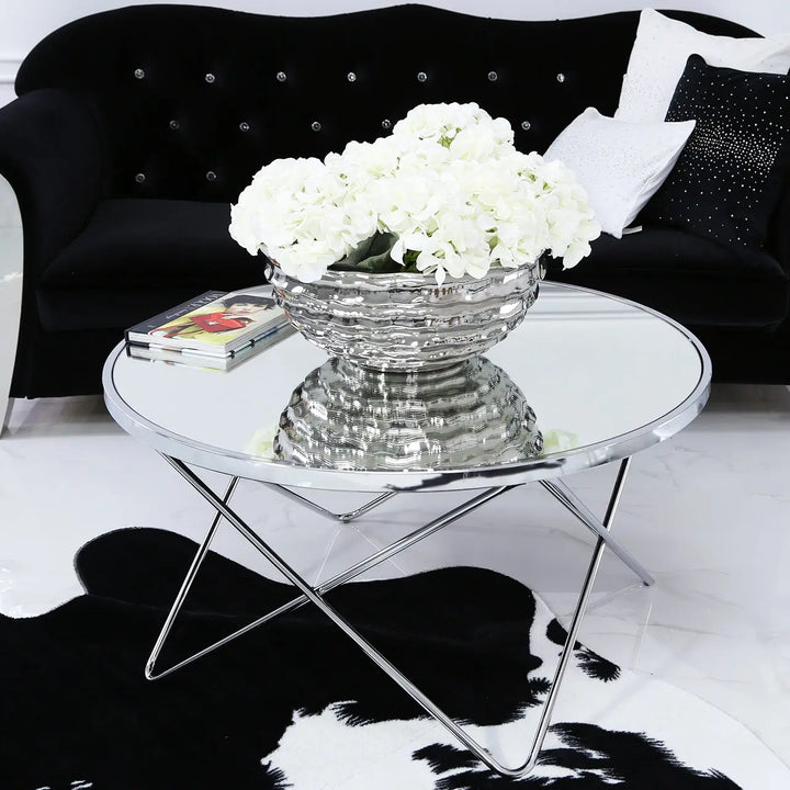 Atom Chrome & Mirror Coffee Table – Crisscross Base Modern Design Lina Home