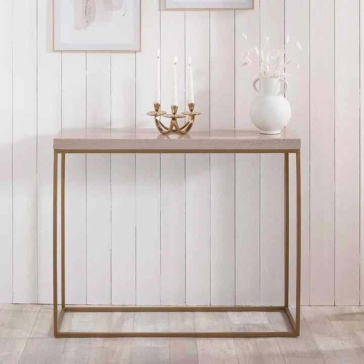 Madison Beige Granite and Burnished Gold Metal Console Table   Nicholas John Interiors