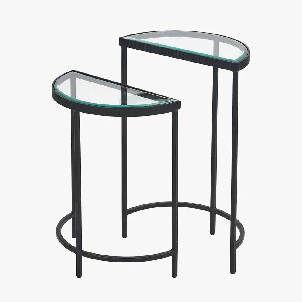 Marazzi S/2 Bevelled Glass and Black Metal Half Moon Side Tables   Nicholas John Interiors