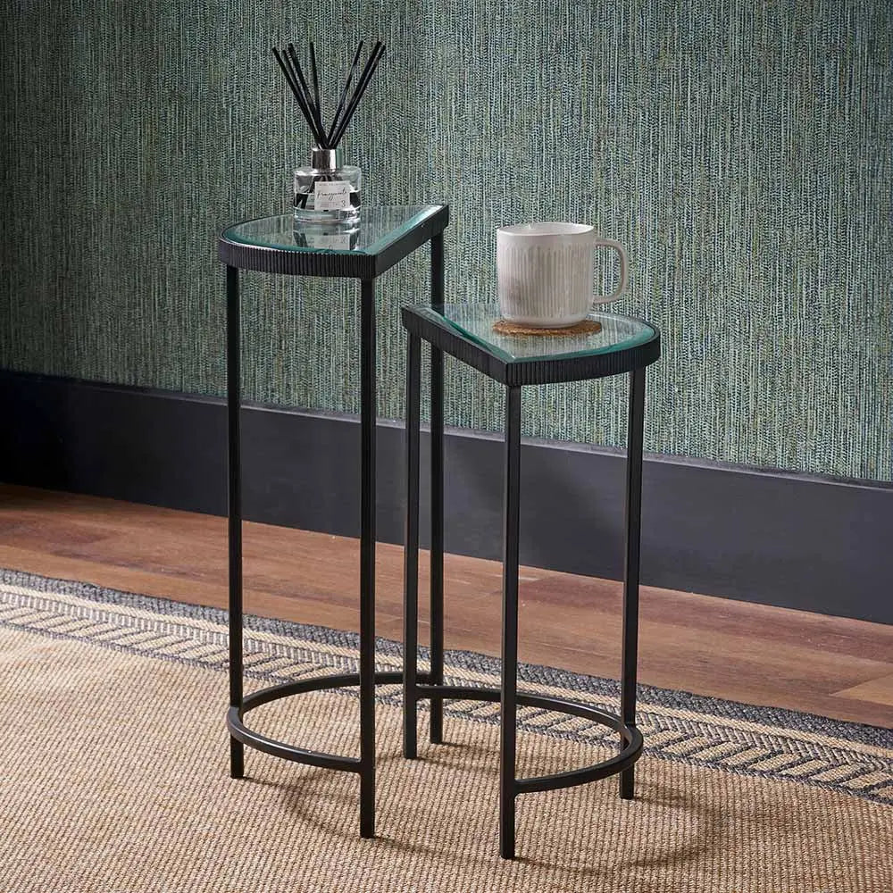 Marazzi S/2 Bevelled Glass and Black Metal Half Moon Side Tables   Nicholas John Interiors