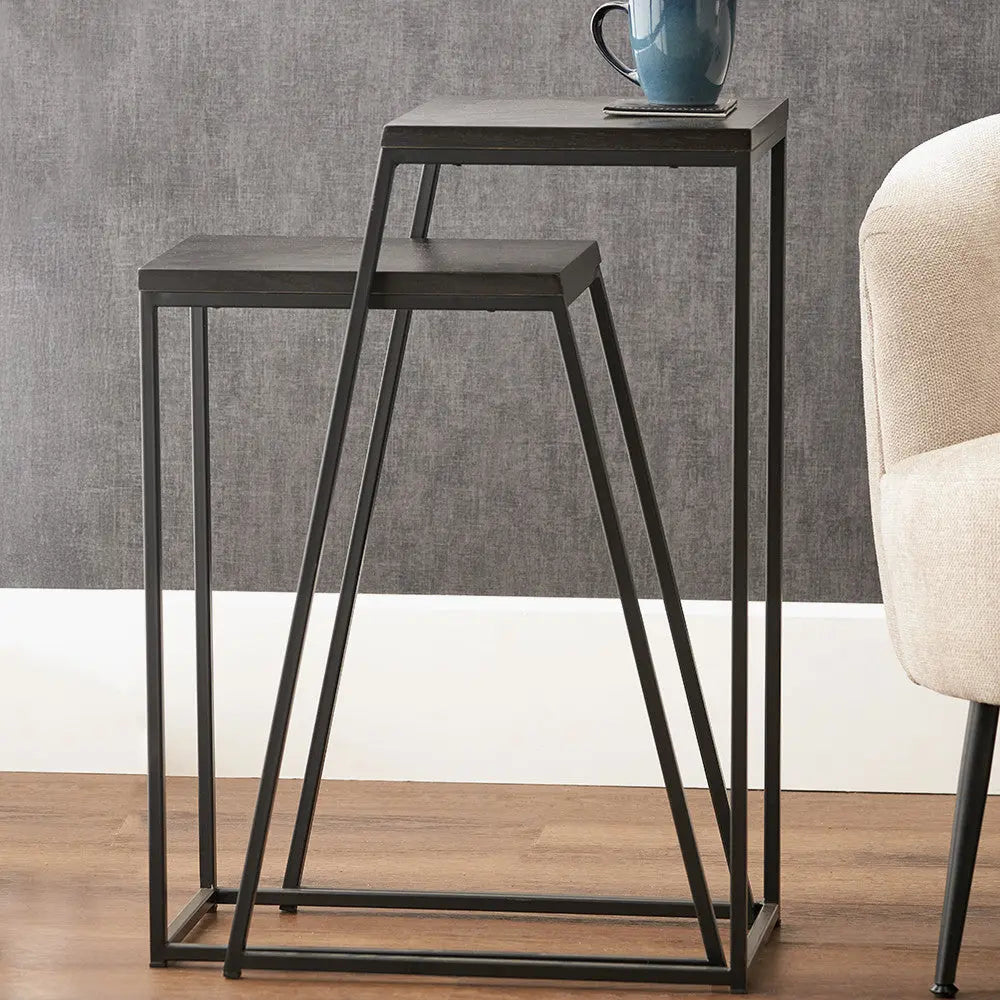 Mashiko S/2 Black Ash Veneer and Black Metal Side Tables   Nicholas John Interiors