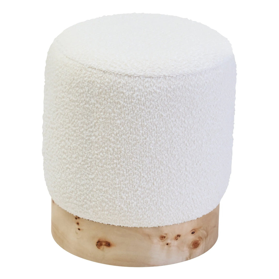 Motara Burl Wood And Cream Boucle Round Stool  Nicholas John Interiors