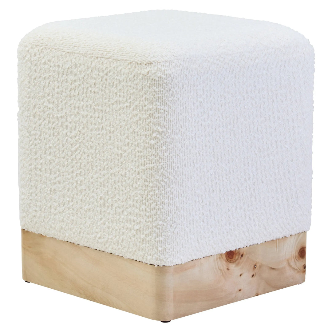 Motara Burl Wood And Cream Boucle Sqaure Stool  Nicholas John Interiors