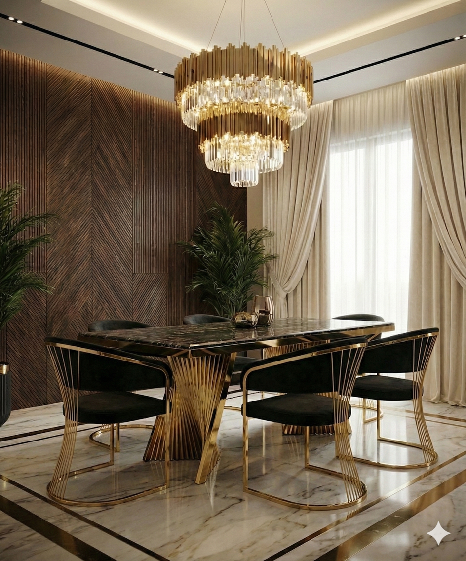 Regency 180cm Black & Gold Marble Dining Table