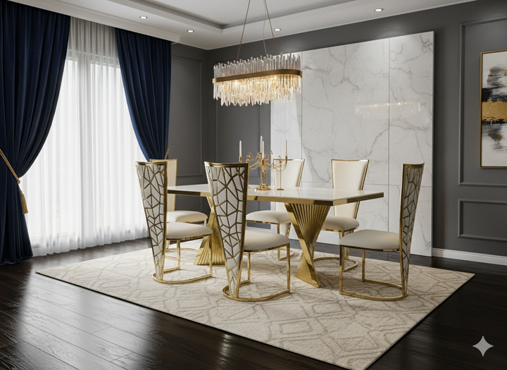 Regency 160cm Cream & Gold Marble Dining Table