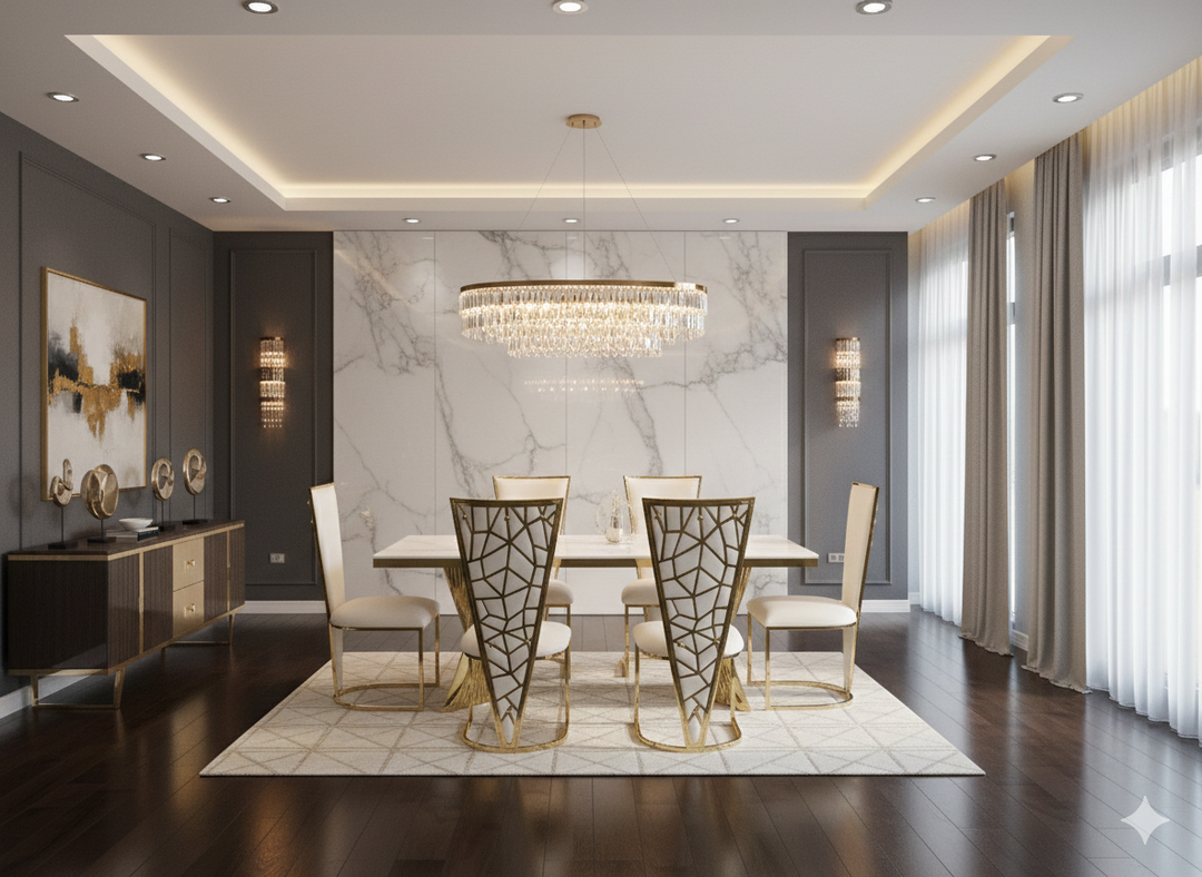 Regency 160cm Cream & Gold Marble Dining Table