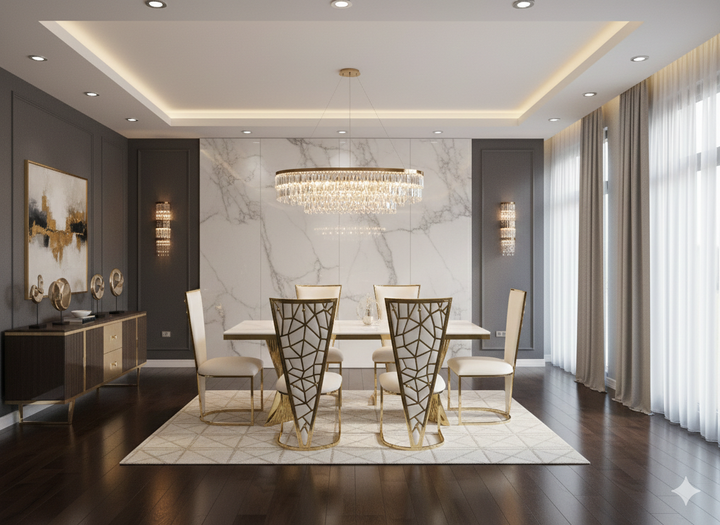 Regency 160cm Cream & Gold Marble Dining Table