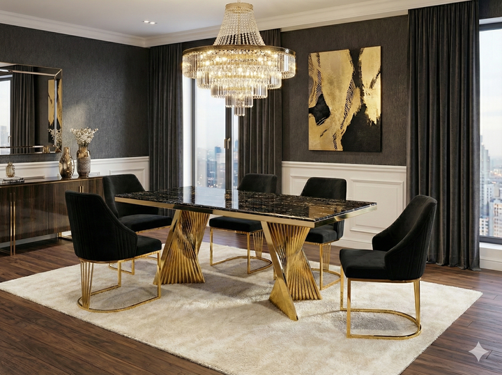 Regency 180cm Black & Gold Marble Dining Table