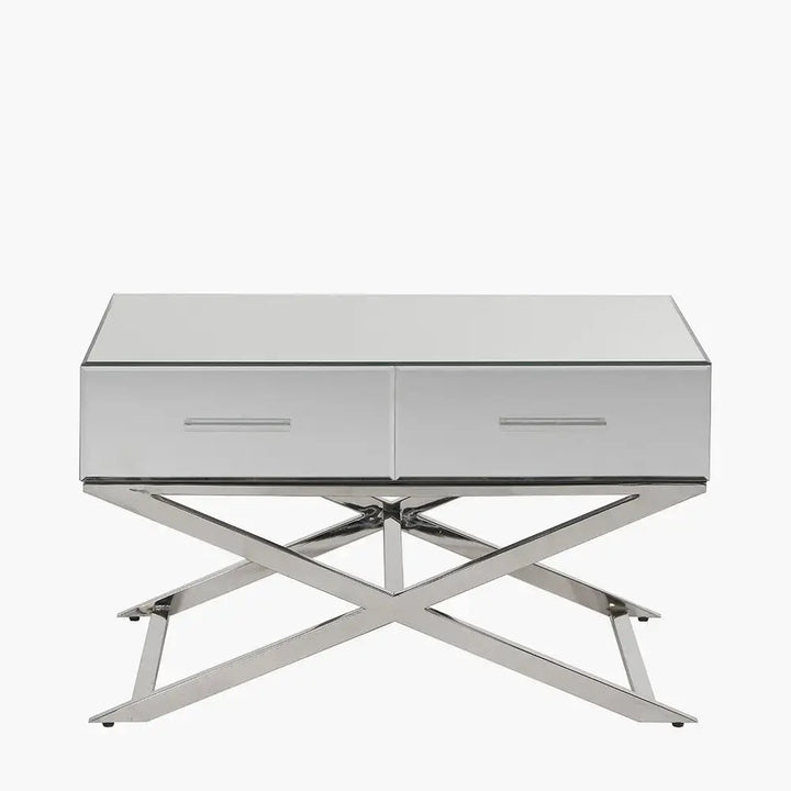 Rocco Mirrored Glass and Silver Metal Coffee Table   Nicholas John Interiors