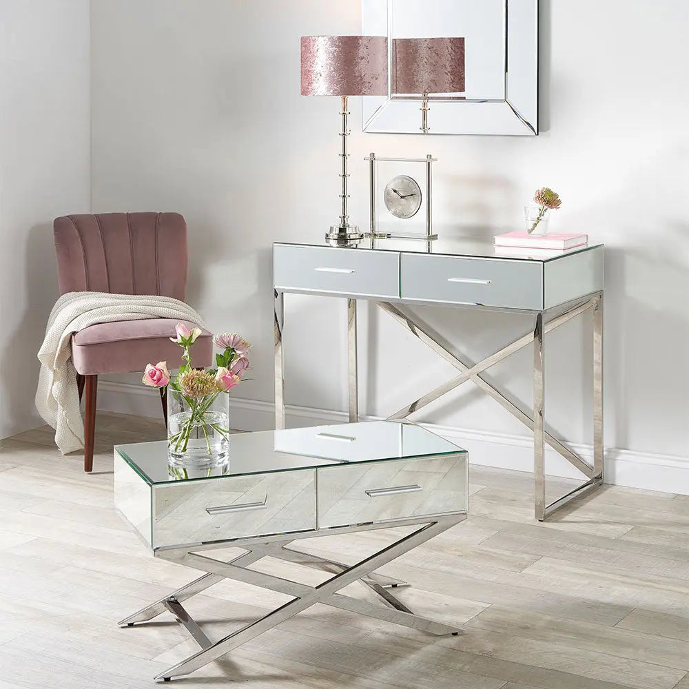 Rocco Mirrored Glass and Silver Metal Coffee Table   Nicholas John Interiors