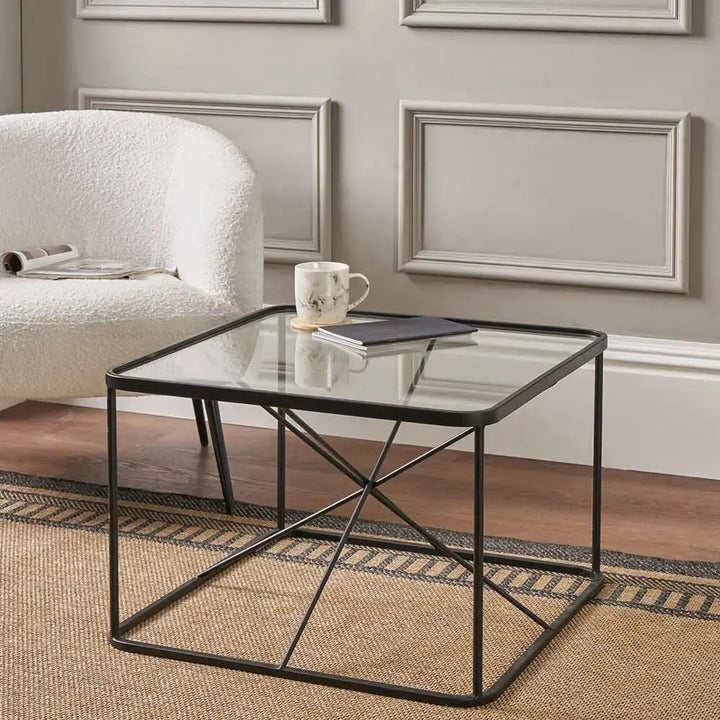 Roxy Glass and Black Metal Coffee Table   Nicholas John Interiors
