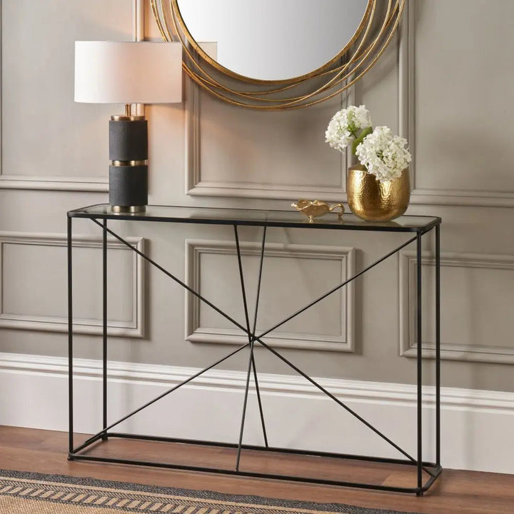 Roxy Glass and Black Metal Console Table   Nicholas John Interiors