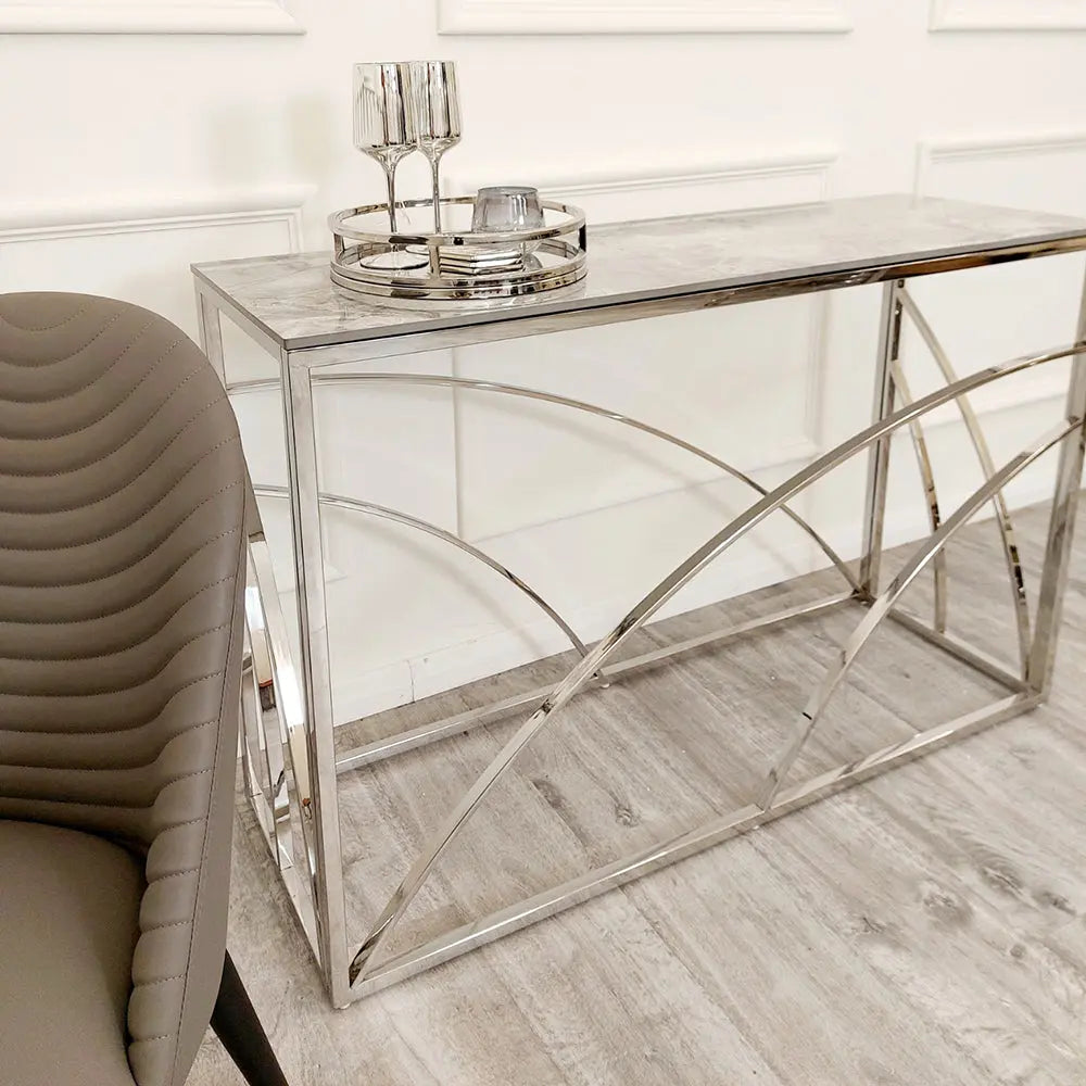 Stella Chrome Console Table with Stomach Ash Grey Sintered Top Furnish 365 Limited