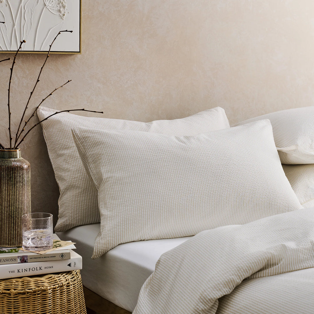 Christy Seersucker Stripe Oxford Pillowcase Pair in Beige