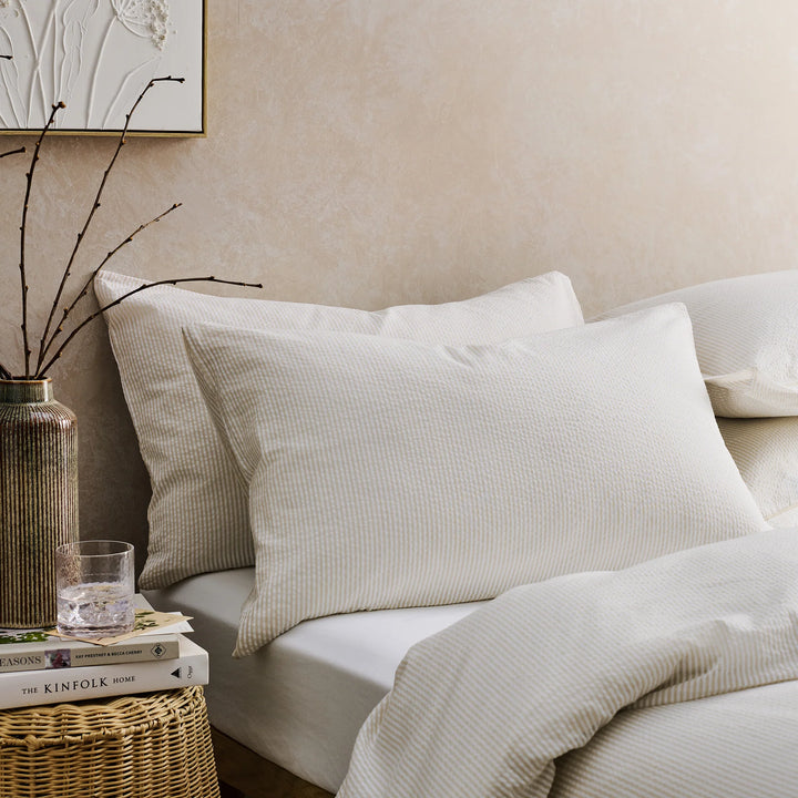 Christy Seersucker Stripe Oxford Pillowcase Pair in Beige