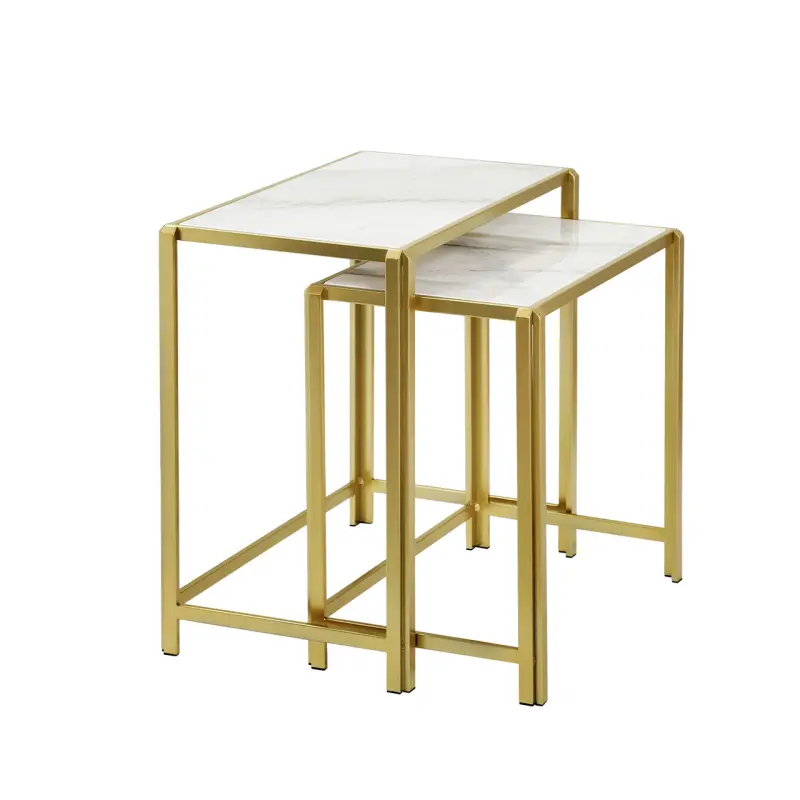 Set of 2 Gold Metal Nesting Table with White Marble Top Lina Home
