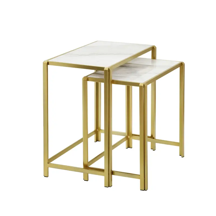 Set of 2 Gold Metal Nesting Table with White Marble Top Lina Home