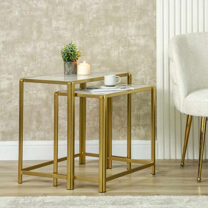 Set of 2 Gold Metal Nesting Table with White Marble Top Lina Home