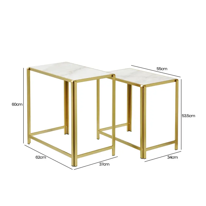 Set of 2 Gold Metal Nesting Table with White Marble Top Lina Home
