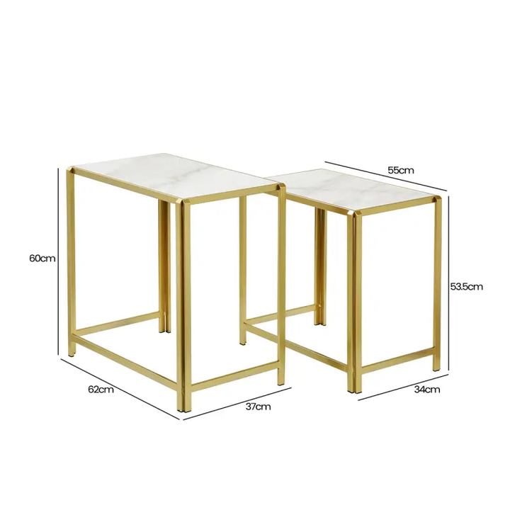 Set of 2 Gold Metal Nesting Table with White Marble Top Lina Home